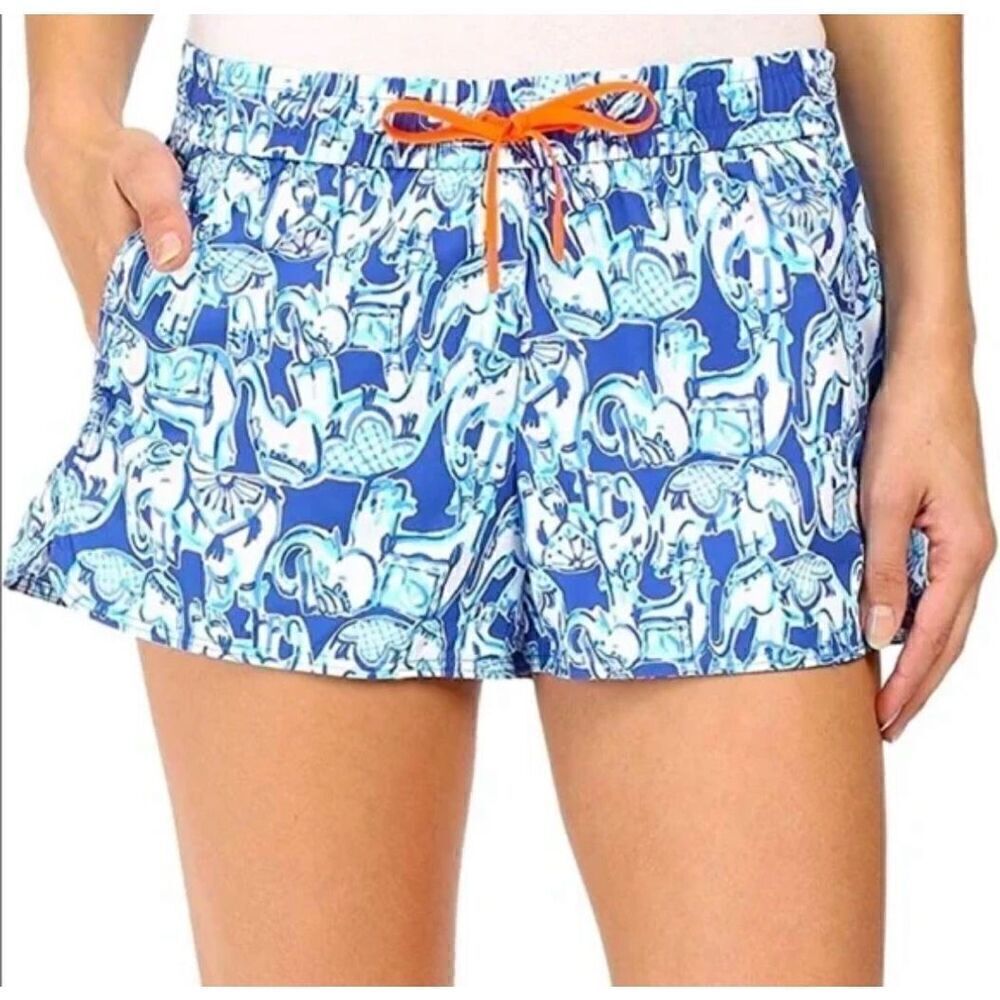 Lilly Pulitzer Luxletic Run Around Shorts Bomber Blue Get Trunky Print Size XS
